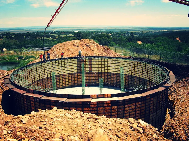 Rebar cage for a circular concrete water tank under construction